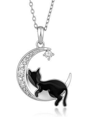 Women’s Black Cat Moon Sterling Silver Lab Hypoallergenic Diamond 925 Necklace